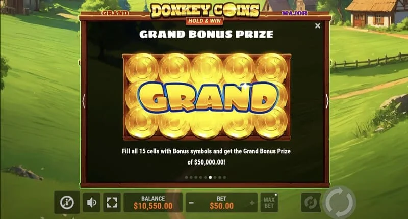 Donkey Coins Hold & Win - screen with Mini, Minor, Major, Grand Jackpots